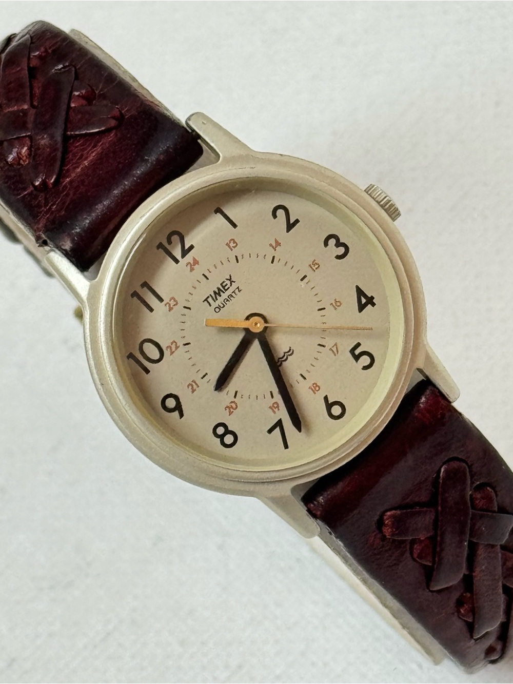Rare Vintage Timex 27mm Women's Field Watch Silver Burgundy Leather